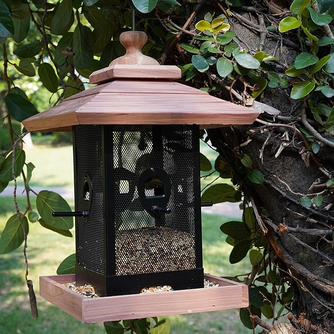 Cedar & Metal Mesh Bird Feeder for Outdoors Hanging Mount Large Capacity, Black Wooden Garden Roof Feeder Lantern Style, Cardinal Bluebird Birdfeeder with Iron Mesh Wall for Garden Decor Durable