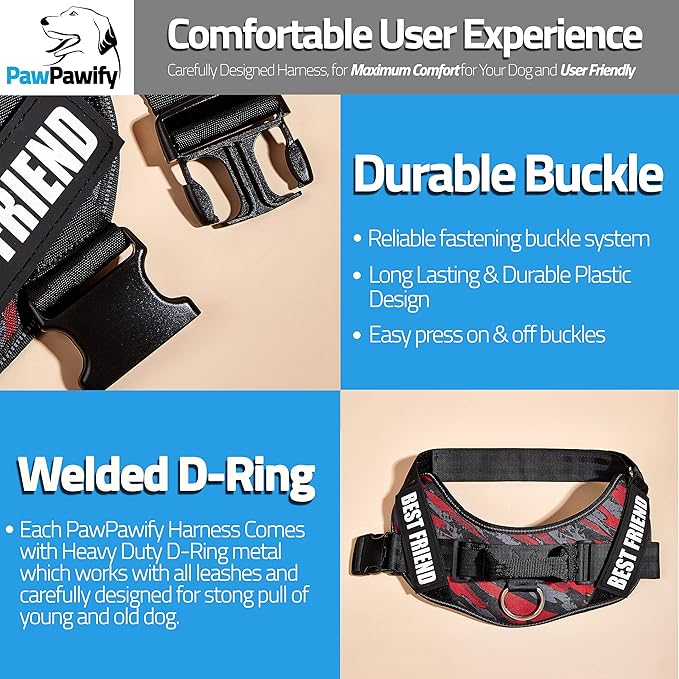 PawPawify Custom No Pull Dog Harness with Name and Phone Number, Heavy Duty Personalized Pet Vest to Prevent Tugging, Pulling, or Choking, Training and Walking (Camouflage Red, L (Chest 23-30in))