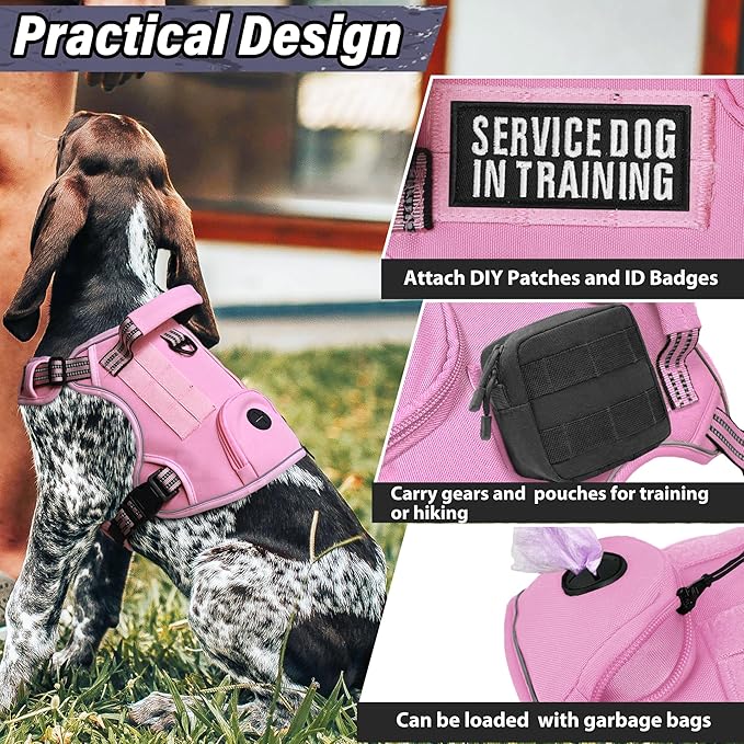 Heavy Duty Tactical Dog Harness for Large Dogs, Adjustable Reflective Service Vest with Control Handle & 4 Patches, No Pull Soft Padded Military Pet Harness for Training Walking Hiking (Pink, XL)