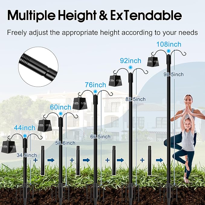 Ottsuls Bird Feeder Pole, 2 Pack 108 INCH Double Shepherds Hooks for Outdoor, with 5 Base Prongs Heavy Duty Tall Garden Planter Hooks for Hanging Flower Basket, Lantern, Hummingbird Feeder
