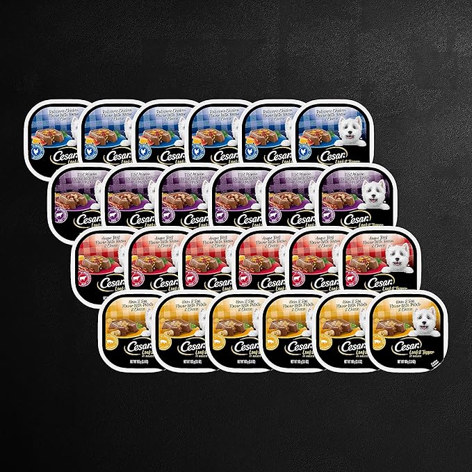 Cesar Wet Dog Food Loaf in Sauce Rotisserie Chicken, Filet Mignon, Angus Beef, and Ham & Egg Flavors Variety Pack, 3.5 oz. Easy Peel Trays (24 Count, Pack of 1)