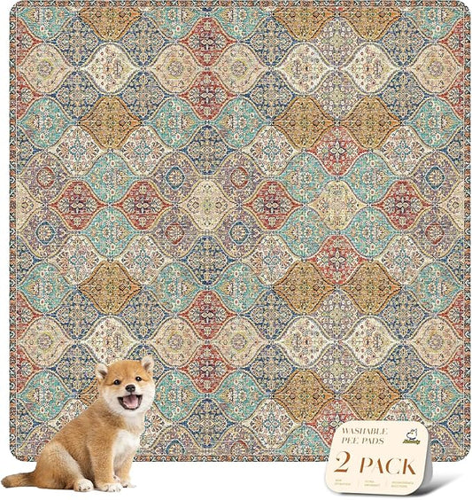 nunubaby Washable Pee Pads for Dogs, Stylish, Non-Slip and Leak-Proof Pee Pads. Reusable Potty Pads for Dogs for Crates and Floors.(Cream/Multi, 54" x54" )