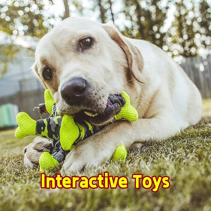 Dog Chew Squeaky Toys, Dog Teeth Cleaning Toy, Tug of War, Stuffed Jack Bone Toy with Squeakers, Interactive Toy for Small Medium Large Dogs, Orange