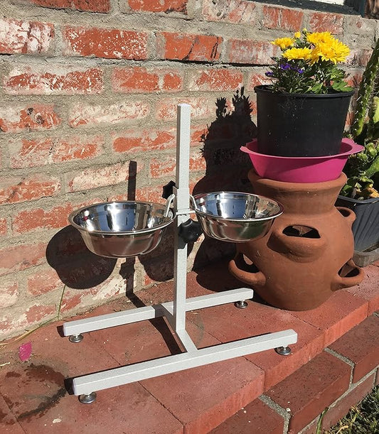 MCage Adjustable Wrought Iron Stainless Steel Double Diner Food Water Bowls, Two Sizes (2-Quart WhiteVein)