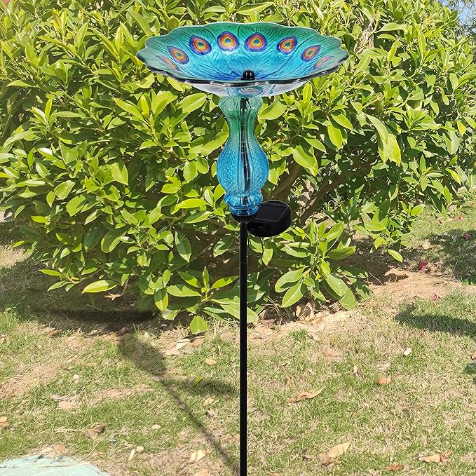 John's Studio Peacock Bird Bath for Outdoor - Glass Bowl Solar Light Cage Outside Dish Bird Feeder with Metal Stake for Garden, Yard and Patio - 32 inches