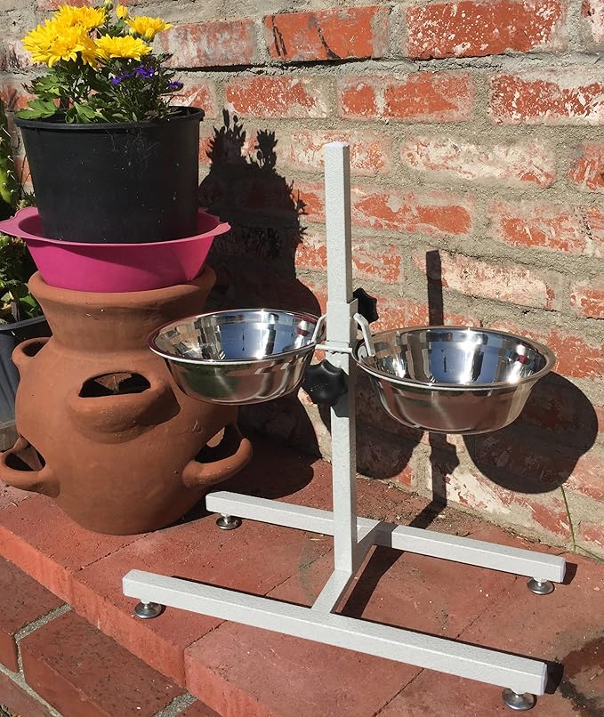 2-Quart/3-Quart/5-Quart Adjustable Double Wrought Iron Chew Free Stainless Steel Dog Cat Pet Diner Food Water Bowls (2-Quart White Vein)