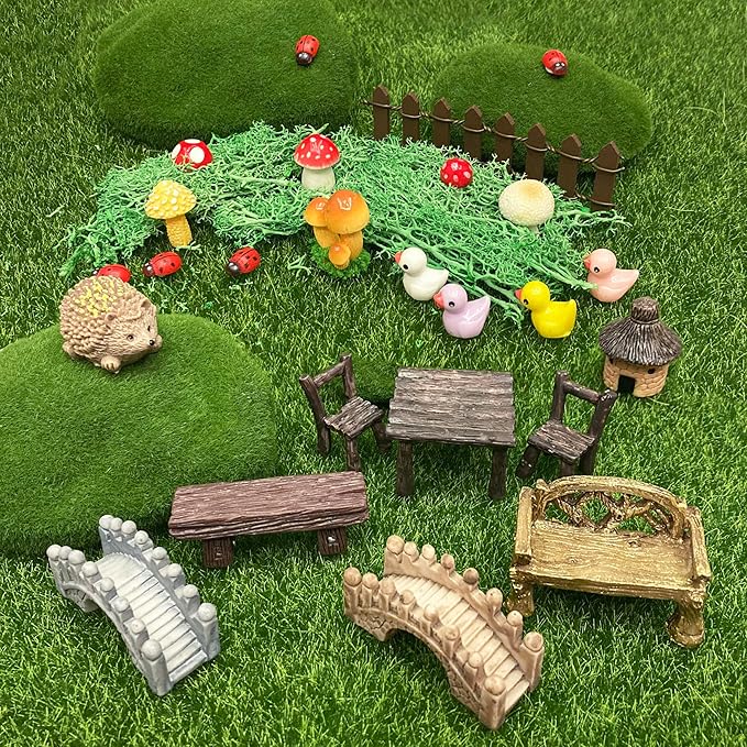 56 Pcs Fairy Garden Accessories, Mini Resin Animals Figures, Miniature Table and Chairs, Moss Bonsai Micro Landscape Ornaments Kit, Miniature Garden Kit, Terrarium Ornaments DIY Craft